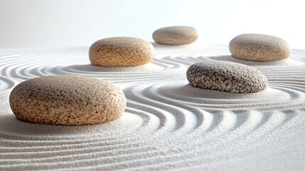 A serene arrangement of smooth stones on a gently raked sand surface, embodying tranquility and balance in nature.