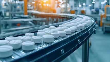 Obraz premium Close-up of white pills on a production line in a modern pharmaceutical facility, highlighting efficient manufacturing processes.