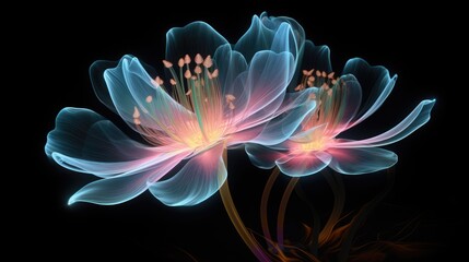 A delicate and ethereal image of two flowers, their petals rendered in soft, glowing hues of blue and pink.