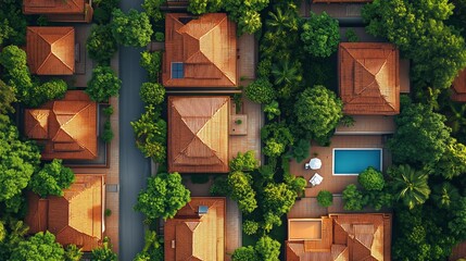 Top-down aerial shot capturing the intricate designs and red-tiled roofs of residential homes nestled among dense green foliage. A clear blue swimming pool adds to the luxurious feel
