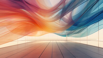 Abstract colorful fabric drapes over a wooden floor, creating a modern and artistic backdrop.