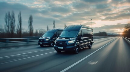 Fototapeta premium Two vans are driving down the highway as the sun sets in the sky