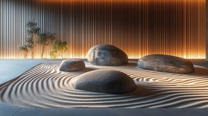 A serene interior showcasing smooth stones on a textured sand surface, illuminated by soft ambient lighting, promoting tranquility and harmony.