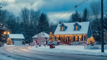 Naklejka premium Snow-covered House Decorated With Christmas Lights on a Winter Evening in a Quiet Neighborhood