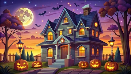 Fototapeta premium Note: I've combined the details you provided to create a single keyword that captures the main theme, mood, style, technical, and color aspects of the Halloween cartoon house.