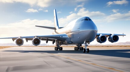 Obraz premium A large passenger airplane sits on the tarmac, ready for takeoff. The sun shines brightly on the plane's sleek, silver body.