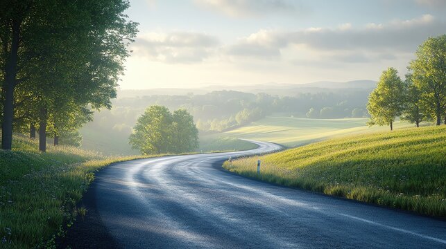A serene winding road amidst lush green fields and trees, illuminated by soft morning light under a clear blue sky.