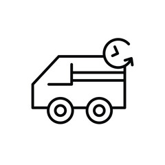 Black and white line art illustration of a delivery truck with a clock and an arrow, representing fast shipping.