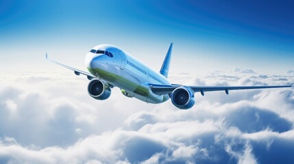 Obraz premium A commercial airplane soars through a breathtaking expanse of fluffy clouds, bathed in the warm glow of the setting sun.