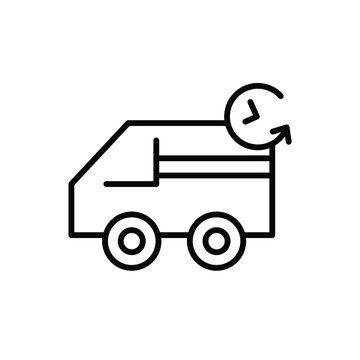 recommend clip art: Black and white line art illustration of a delivery truck with a clock and an arrow, representing fast shipping.