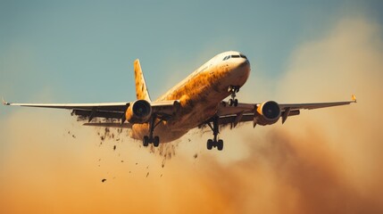 A close-up of a plane taking off, with the wheels leaving a trail of dust and smoke.