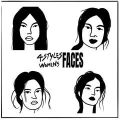4 styles of women&rsquo;s faces in different postures, outline art style, representing the beauty of women.