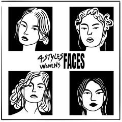 4 styles of women’s faces in different postures, outline art style, representing the beauty of women.