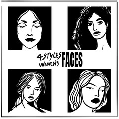 4 styles of women&rsquo;s faces in different postures, outline art style, representing the beauty of women.