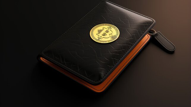 A black leather wallet with a gold bitcoin coin on the front. The wallet is closed and lying on a dark surface.