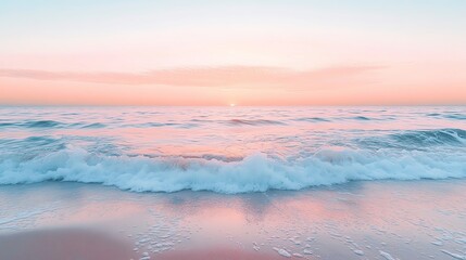 Fototapeta premium A serene beach scene at sunset, showcasing gentle waves and a pastel sky, perfect for relaxation and tranquility.