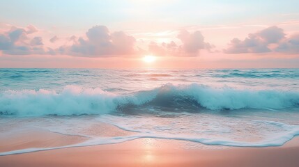 Fototapeta premium A serene sunset over a tranquil ocean, with gentle waves lapping at the sandy shore, creating a peaceful and beautiful landscape.