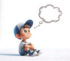 kleiner niedlicher Junge Kind mit Schirmm&uuml;tze vor wei&szlig;em Hintergrund sitzt l&auml;chend nachdenklich mit Erkenntnis Blick nach oben zu leerer freier Gedankenblase wie Wolke, &uuml;berlegen, erkennen, Vorlage