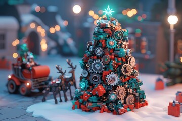Whimsical Christmas tree made of mechanical parts and trinkets, winter holiday decor with toy car and ornaments