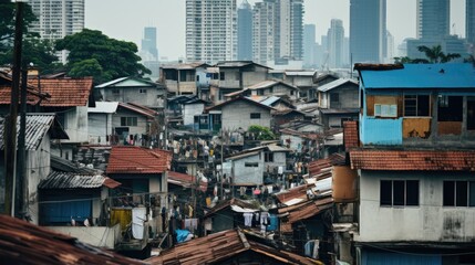 A vibrant cityscape with a mix of modern skyscrapers and traditional houses.