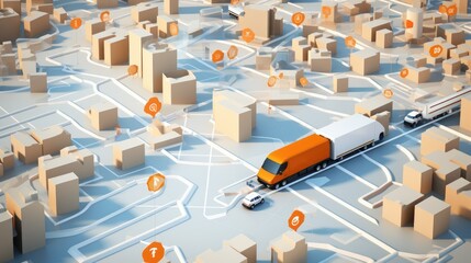 A 3D illustration of a city map with buildings and roads. The map is rendered in a minimalist style with a focus on geometric shapes.