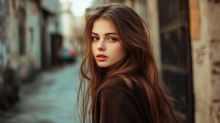 Fototapeta premium Young Woman With Long Brown Hair in Urban Setting