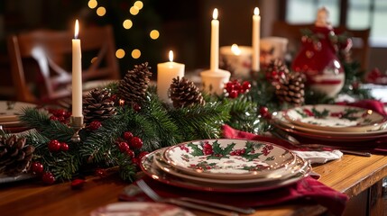 Festive Christmas Dinner Table Setting with Candles, Holly & Pine Cones