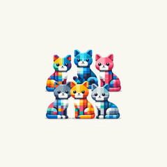 Six cats made of colorful blocks.
