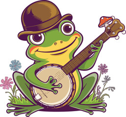 A frog playing a banjo with a green frog on it.
