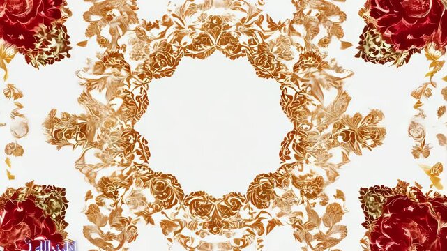 Full-screen intricate red and gold floral pattern on white background with detailed vines