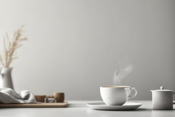 Obraz premium A serene coffee scene with steam rising, set against a minimalist background.