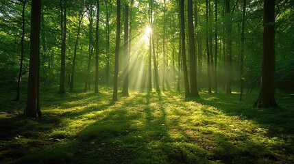 Fototapeta premium A serene forest scene with sunlight filtering through tall trees, casting gentle rays on the lush green foliage below.