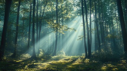 Fototapeta premium A serene forest scene illuminated by soft rays of sunlight filtering through the trees, showcasing nature's tranquility and beauty.