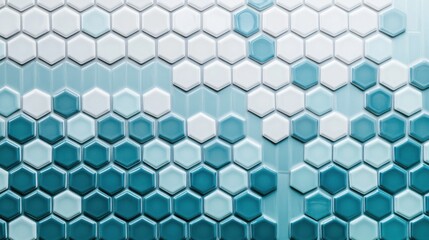 A bathroom wall featuring small hexagonal tiles in a gradient of blue and white, creating a soothing design