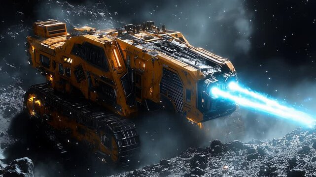 A Futuristic Space Mining Vehicle Positioned on an Asteroid in Space