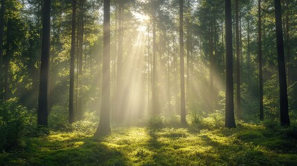 Sunlight streams through tall trees, illuminating the serene forest floor in this tranquil nature scene.