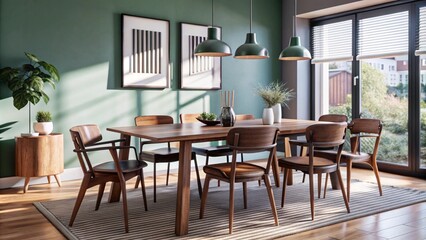 Fototapeta premium Wooden dining table and chairs against green wall. Scandinavian, mid-century home interior design of modern dining room. 