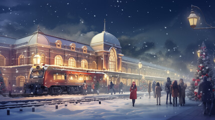 Winter Train Station Christmas Scene With Snow People And Lights