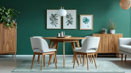 Fototapeta premium Scandinavian Mid-Century Living Room with Mint Chairs and Round Wooden Dining Table | Modern Home Design