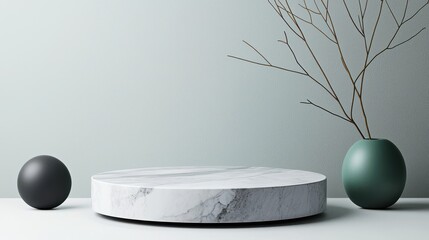 Minimalist Marble Podium with Dried Branches and Teal Vase