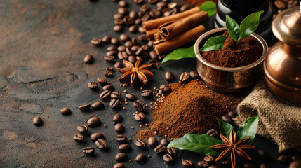 Coffee beans, vintage coffee grinder and grater on the table with burlap fabric and old copper stylish pepper mill, cinnamon sticks and other spices.