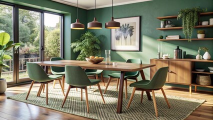 Wooden dining table and chairs against green wall. Scandinavian, mid-century home interior design of modern dining room.
