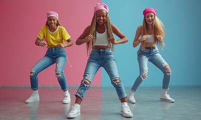 Three young women dancing in stylish outfits, wearing colorful beanies, against a vibrant pink and blue background. They are smiling and showcasing energetic dance moves.