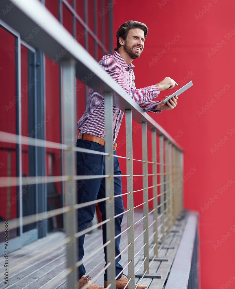 Poster business, man and happy with tablet in balcony at office on break for social media interaction and c
