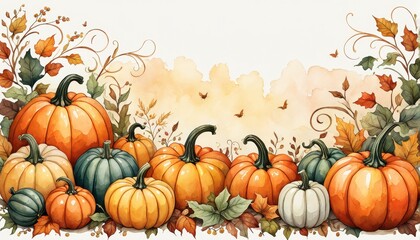A colorful arrangement of pumpkins and autumn leaves, capturing the essence of fall.
