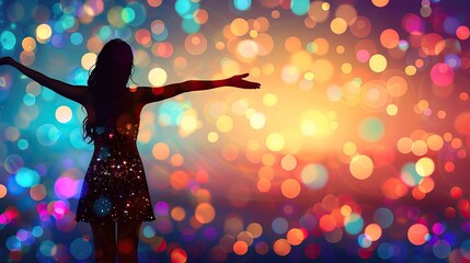 A silhouette of a woman in a sparkling dress, with arms outstretched against a colorful bokeh background of lights. The scene conveys a sense of joy and celebration.