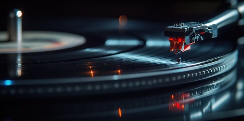 A close-up of a vinyl record needle in the groove captures the fine texture of the record and the subtle movement of the needle
