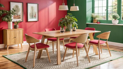 Wooden dining table and chairs against green wall. Scandinavian, mid-century home interior design of modern dining room.
