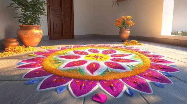 Colorful rangoli at house entrance, flower petals, 3D illustration