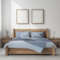 Rustic Wooden Bed with Blue Pillows and Bedside Cabinets | Farmhouse Bedroom Design with Poster Frames